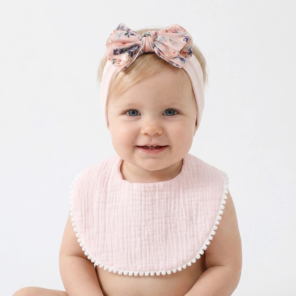 2Pcs/Set Baby Floral Headband Muslin Bib Set Pom Gauze Feeding Burp Cloths for Girls Newborn Infant Toddler Hair Accessories