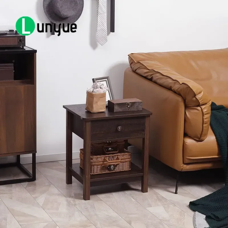 Modern Dark Brown Bedside Table with Drawers and Shelves Space Saving Nightstand for Small Bedroom Furniture Storage Solution