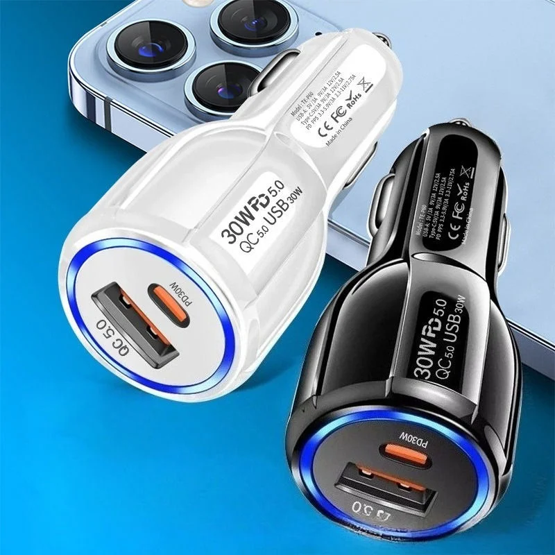 

30W Dual Port QC5.0 USB+PD Car Charger Fast Charging Mini Hidden Adapter Mobile Phone Car Charger For iPhone 17 16 For Samsung