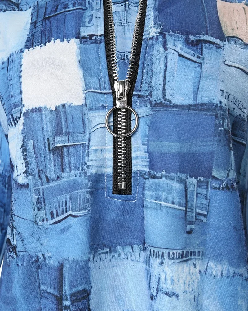 Denim Look Print Reiß verschluss Detail Langarm Top Frauen Mode lässig T-Shirt