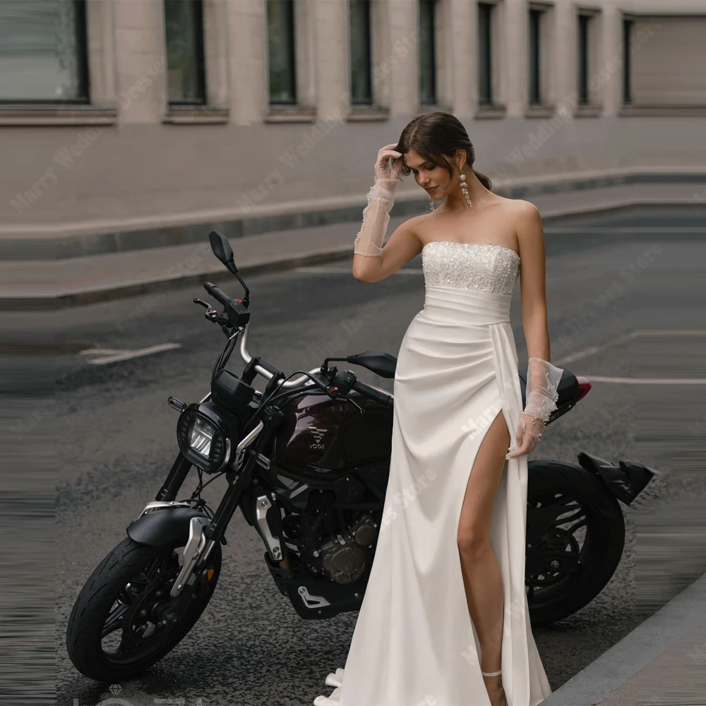 2025 セクシーなマーメイドのウェディングドレスシンプルなサテンのブライダルドレスノースリーブ手袋なしカクテルパーティー Vestido デノビアカスタマイズ