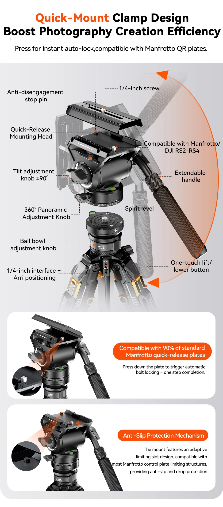 COMAN T1 T1S V5 Reise-Karbonfaser-Stativ mit Ein-Klick-Schnellverschluss und Panorama-Gimbal-Videokopf für DSLR-Kamera Manfrotto DJ – Detail 8
