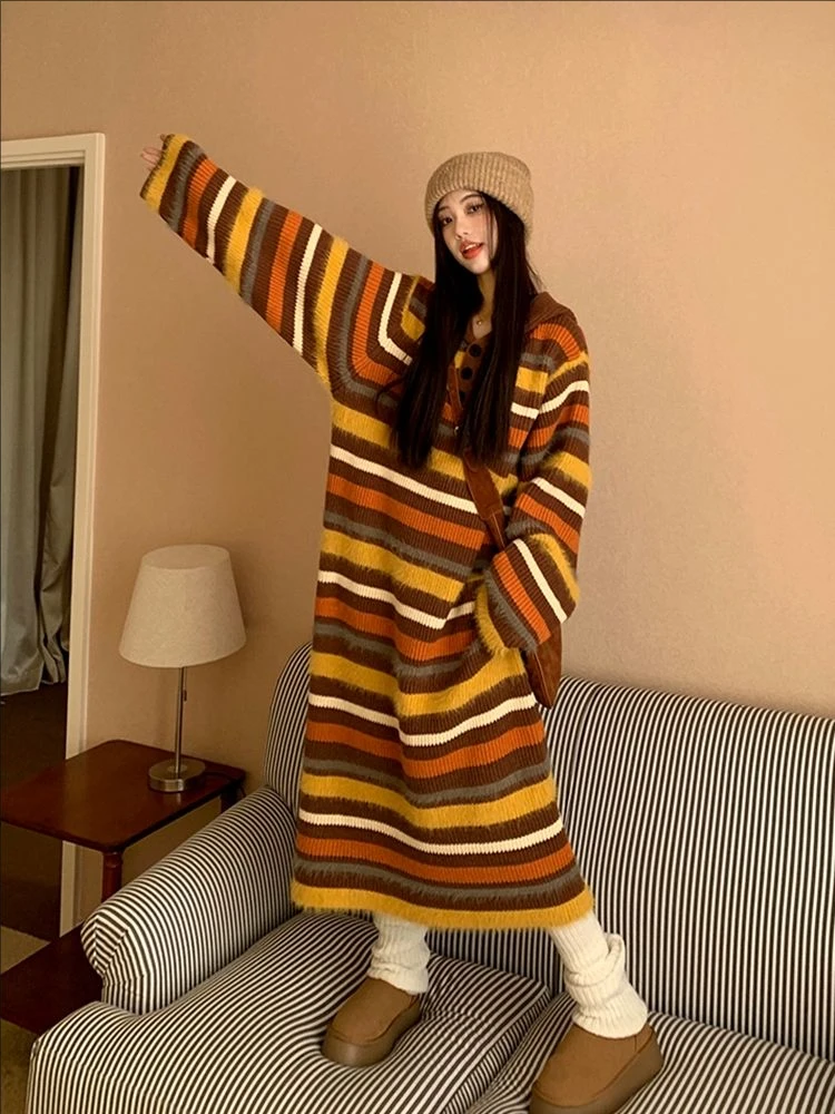 الخريف الشتاء خمر فستان طويل مخطط الألوان المتناقضة الملابس النسائية عادية فضفاض مقنعين زر مستقيم محبوك فساتين