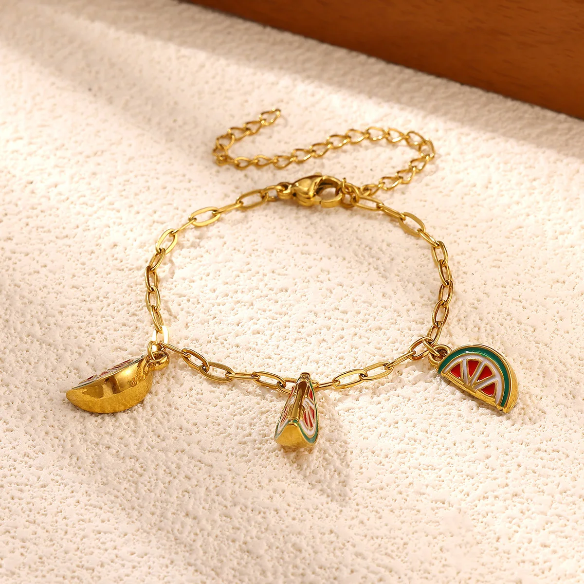 Cute Summer Watermelon Fruit Charm Bracelets for Women Gold Color Stainless Steel Watermelon Bracelet Summer Daily Jewelry Gift