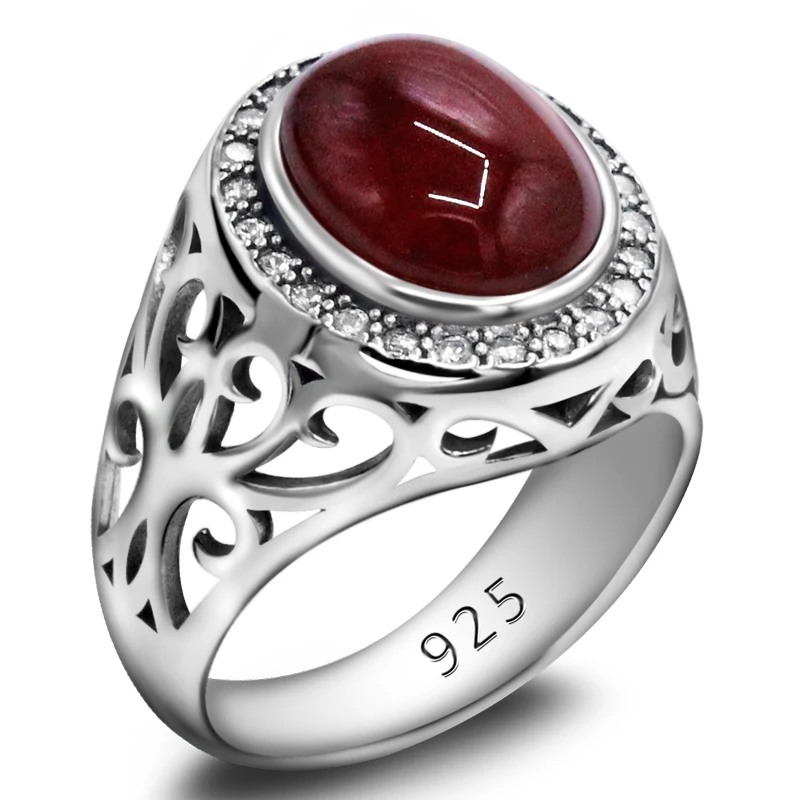 Agate Ring Men's 925  Sterling Silver Fashionable Women's Ring CZ Handmade Hollow Elegant Red Gemstone Jewelry Gift