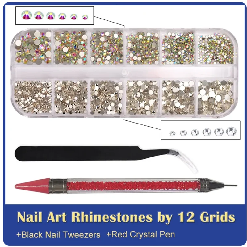 12 Grids Multi Sizes Clear Crystal AB Nail Rhinestones Set DIY Nail Art Decoration Diamonds with Tools Nails Accessories