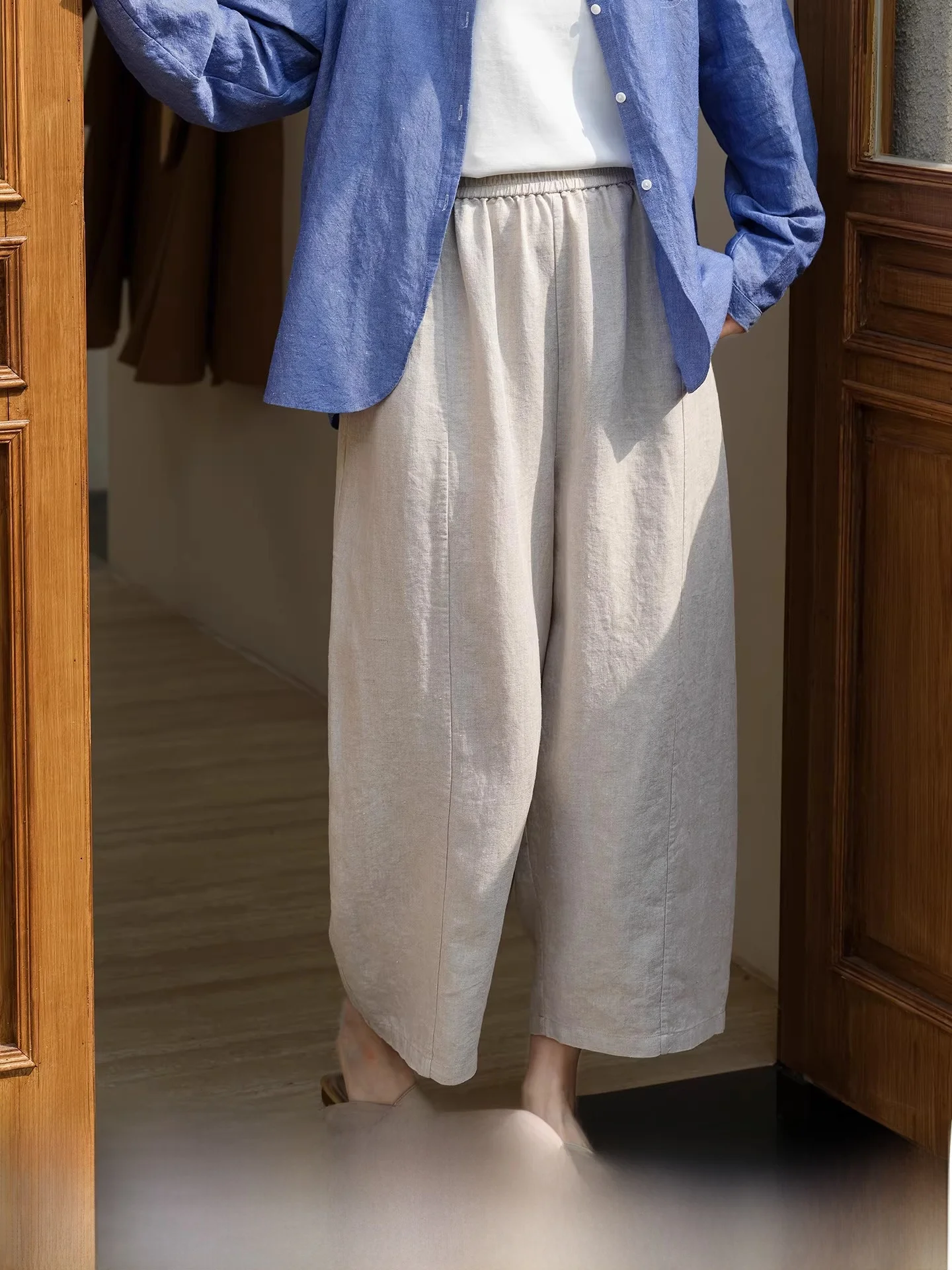 

Повседневные брюки Han Hanma Sand Waed для женщин, широкие брюки с эластичным поясом, однотонные, весна-лето 2026