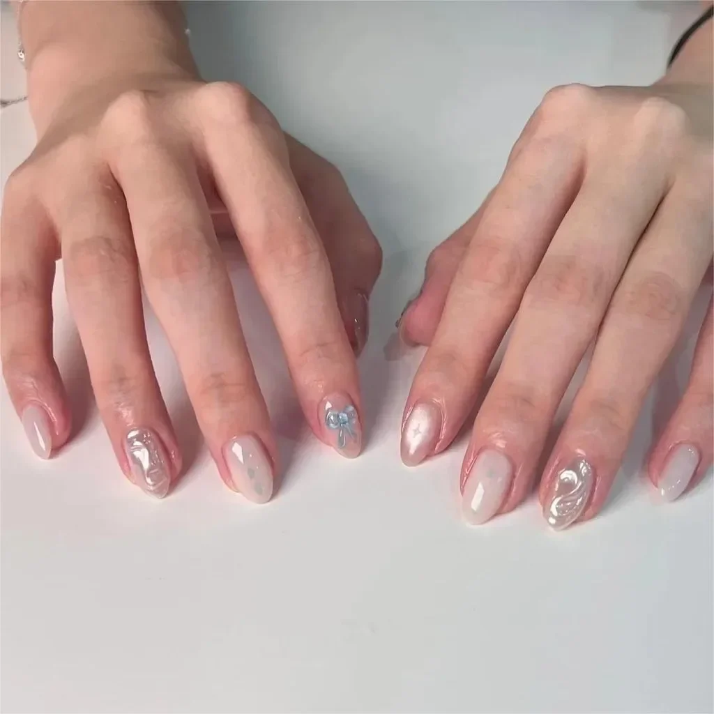 10 pcs Blue Bow Icy Transparent Glass Beads Handmade Wear Nails Clear Cat Eyes Simple Short Oval Manicure Cute Sexy Fake Nails