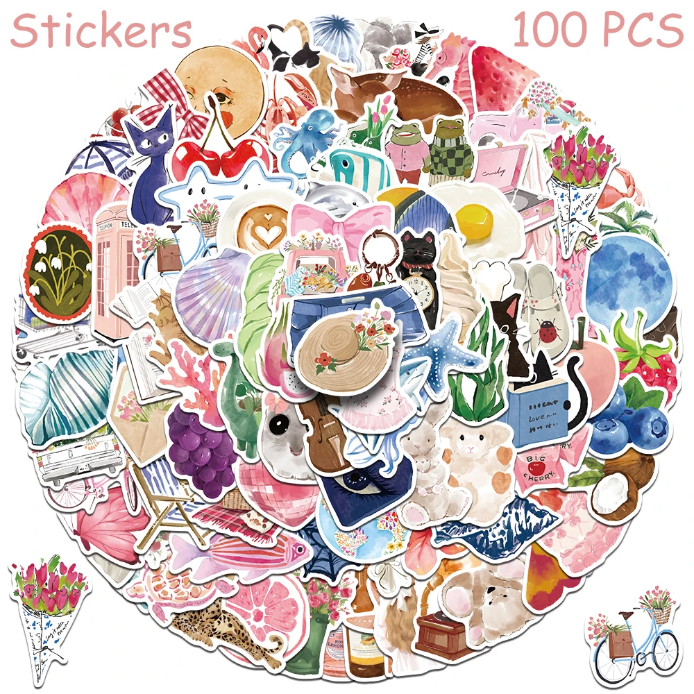 50/100 stuks cartoon aquarel zuivel stickers stickers voor telefoon laptop plakboek bagage helm diy graffiti esthetische stickers