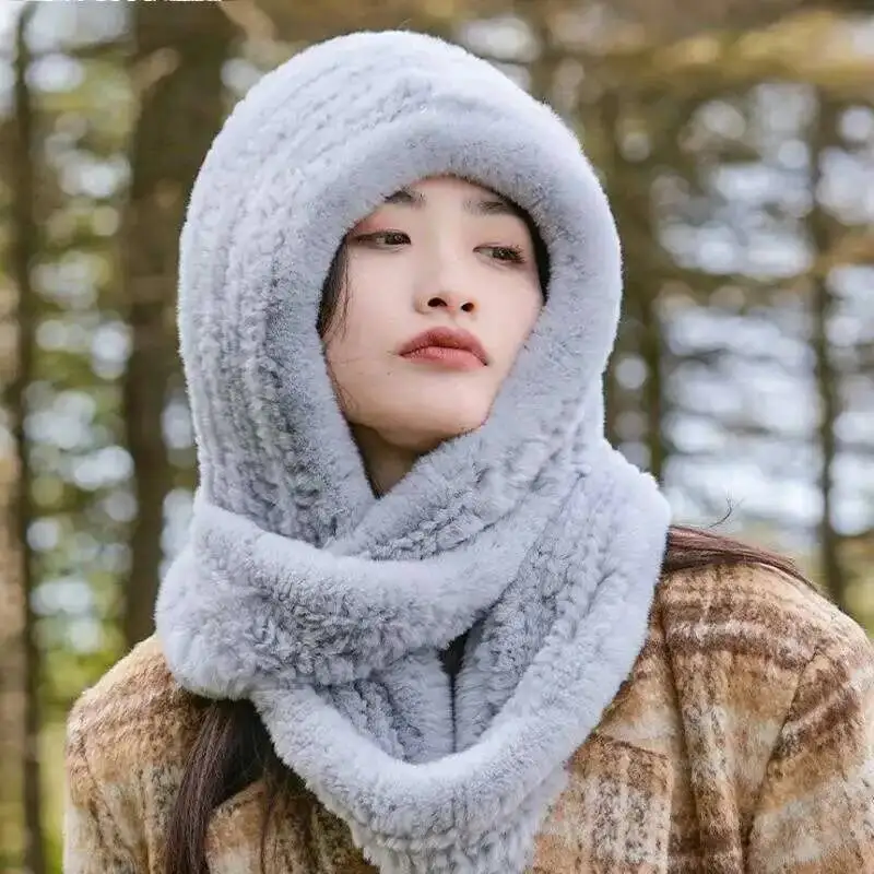 Real Rex Rabbit Fur Scarf Hat For Women Winter Thickened And Warm Fur Hat Warm Fur Hat With Neck Collar Hand Knitted Fur Caps
