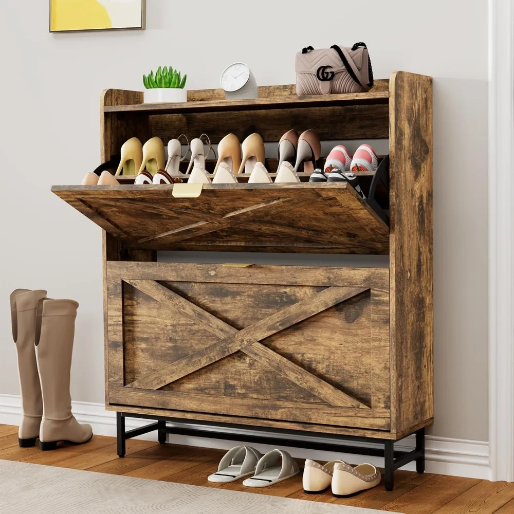 خزانة تخزين الأحذية مع درجين قابلين للطي، منظم أحذية قائم بذاته مع أرجل معدنية للمدخل، خزانة رفوف الأحذية الضيقة، ru