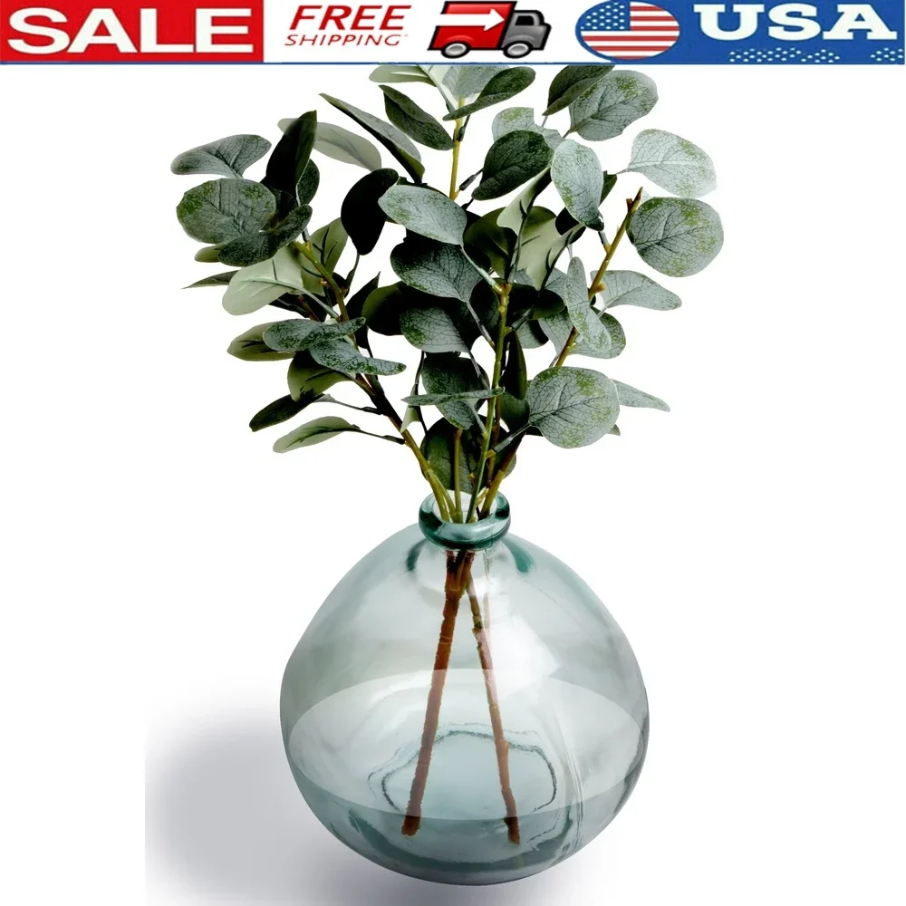 

12 Inch Artificial Eucalyptus Plant in Hand-Blown Glass Vase Lifelike Silk Foliage Faux Water Indoor Home Decor Centerpiece Gift
