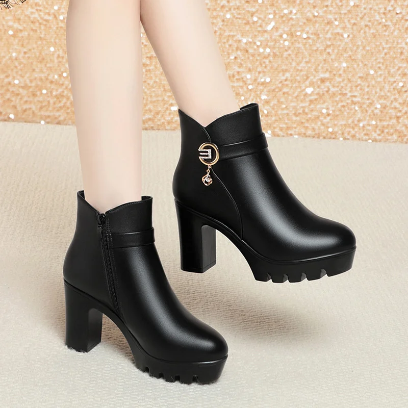 

Autumn Winter Warm Thick Bottom Women's Cotton Boots Velvet Waterproof Block High Heels Office Model Ankle Boots