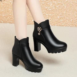 Autumn Winter Warm Thick Bottom Women's Cotton Boots Velvet Waterproof Block High Heels Office Model Ankle Boots