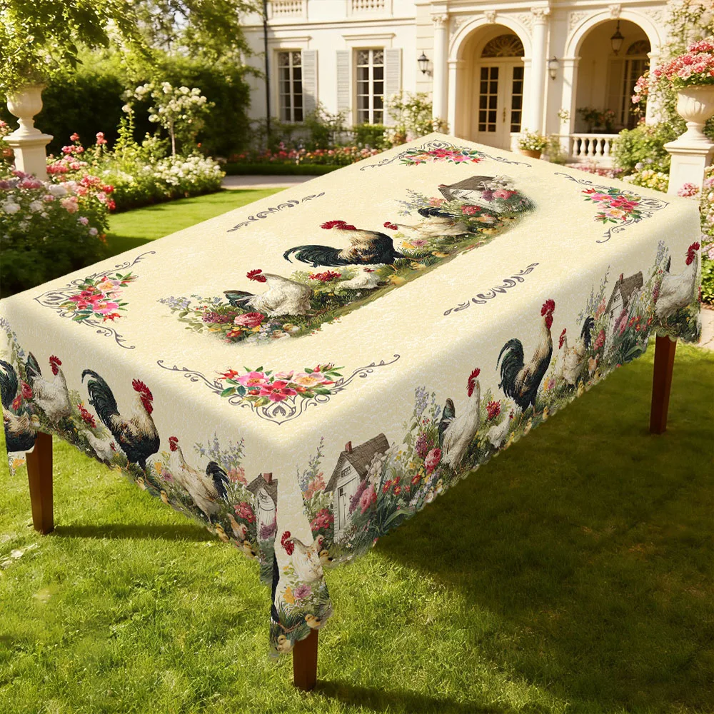 1 Piece of Vintage Farm-Style Round and Rectangular Tablecloth, Available in Various Sizes, Featuring Colorful Feathered Rooster with a Lazy Hen and Cute Chicks, Interwoven Floral and Cottage Print, with Embossed Edges, Suitable for Use on Family Dining Tables, Patio Gardens, and Other Settings, for Spring and Summer Home Decor, and for All-Season Home Decoration