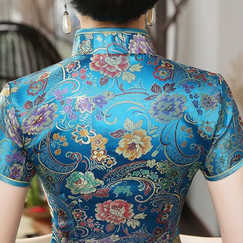 女性のヴィンテージ中国風チャイナドレス、黒、スリム、qiPao、花、ボタン服、半袖、レディースドレス、エレガント、新品