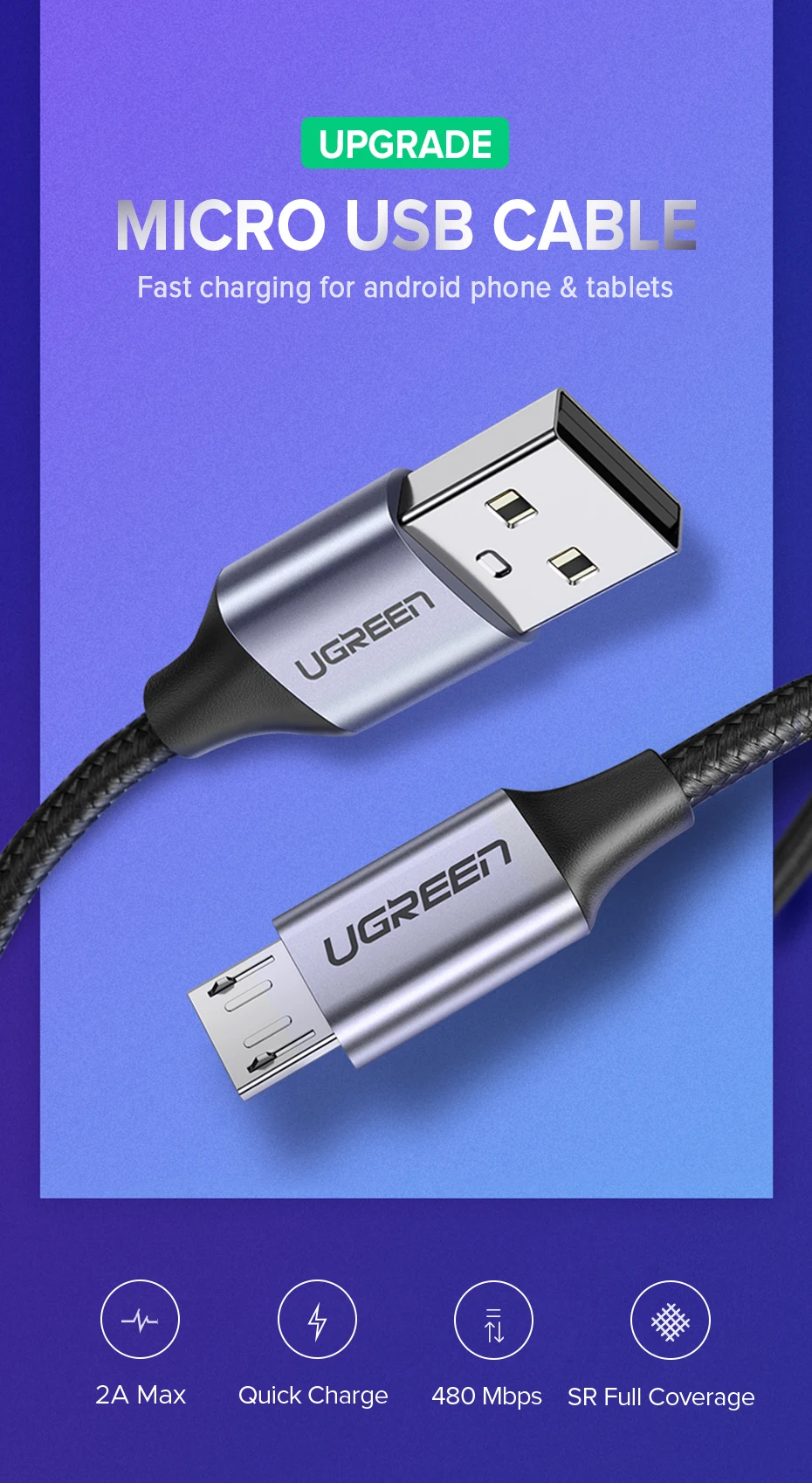 UGREEN Micro USB Cable 3A Nylon Fast Charge USB Data Cable for Samsung Xiaomi LG Tablet Android Mobile Phone USB Charging Cord