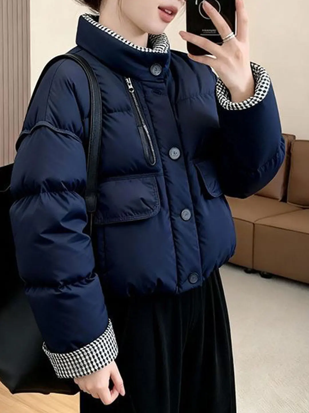 

Retro Korean Sle Women's Cotton Jaet Patchwork Plaid Thi Warm ort Bread Sle Coat Winter Small Size Commute Wear