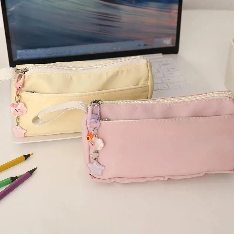 1Pcs Simple Solid Color Pen Bag Large Capacity Handheld Design Stationery Bag Double Layers Stationery Organizer Students