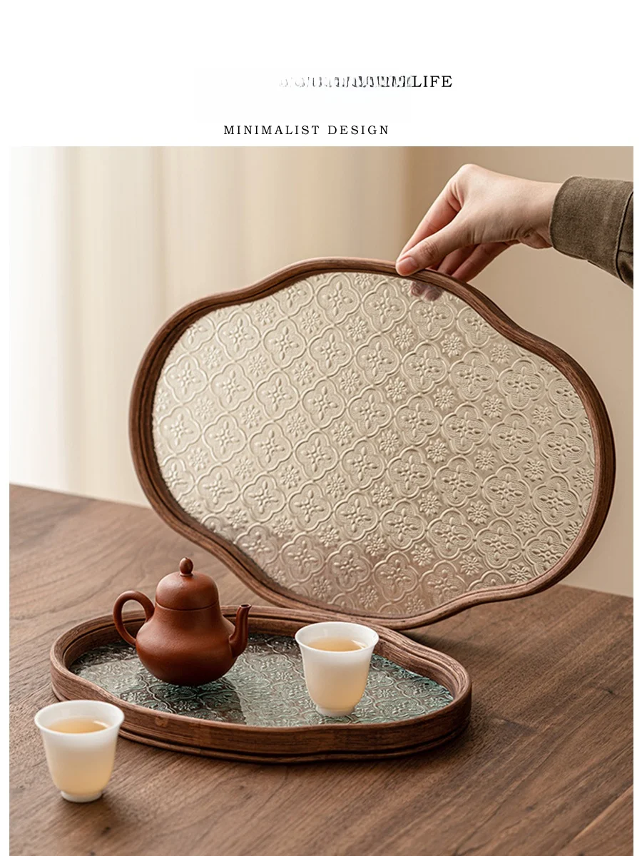 

Tlife Glass Tea Tray Chinese Sle Vintage Tea Set Storage Plate Hibiscus Flower Design Dert Plate Home Dining Utensils