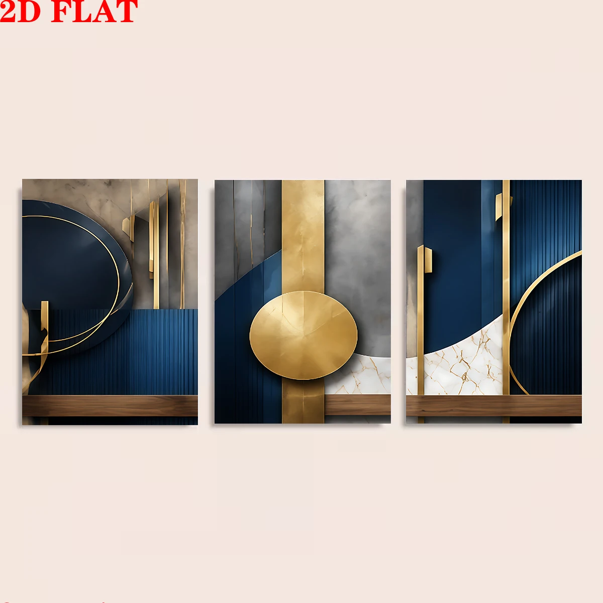 3PCS 2D Flat- Geometric abstract navy gold art themed canvas wall art print - room decor, suitable for Father's Day, Mother's