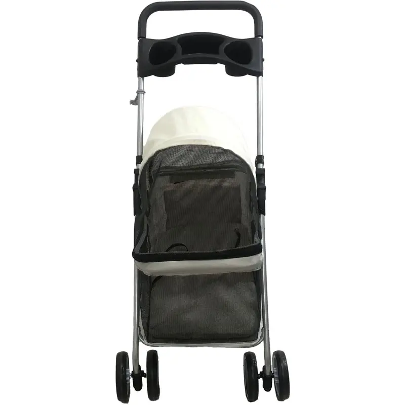 Beautiful Gray 4-Wheel Pet Stroller for Small Dogs, Cats, Rabbits with Scratch Resistant Breathable Mesh Windows, Safety Leash