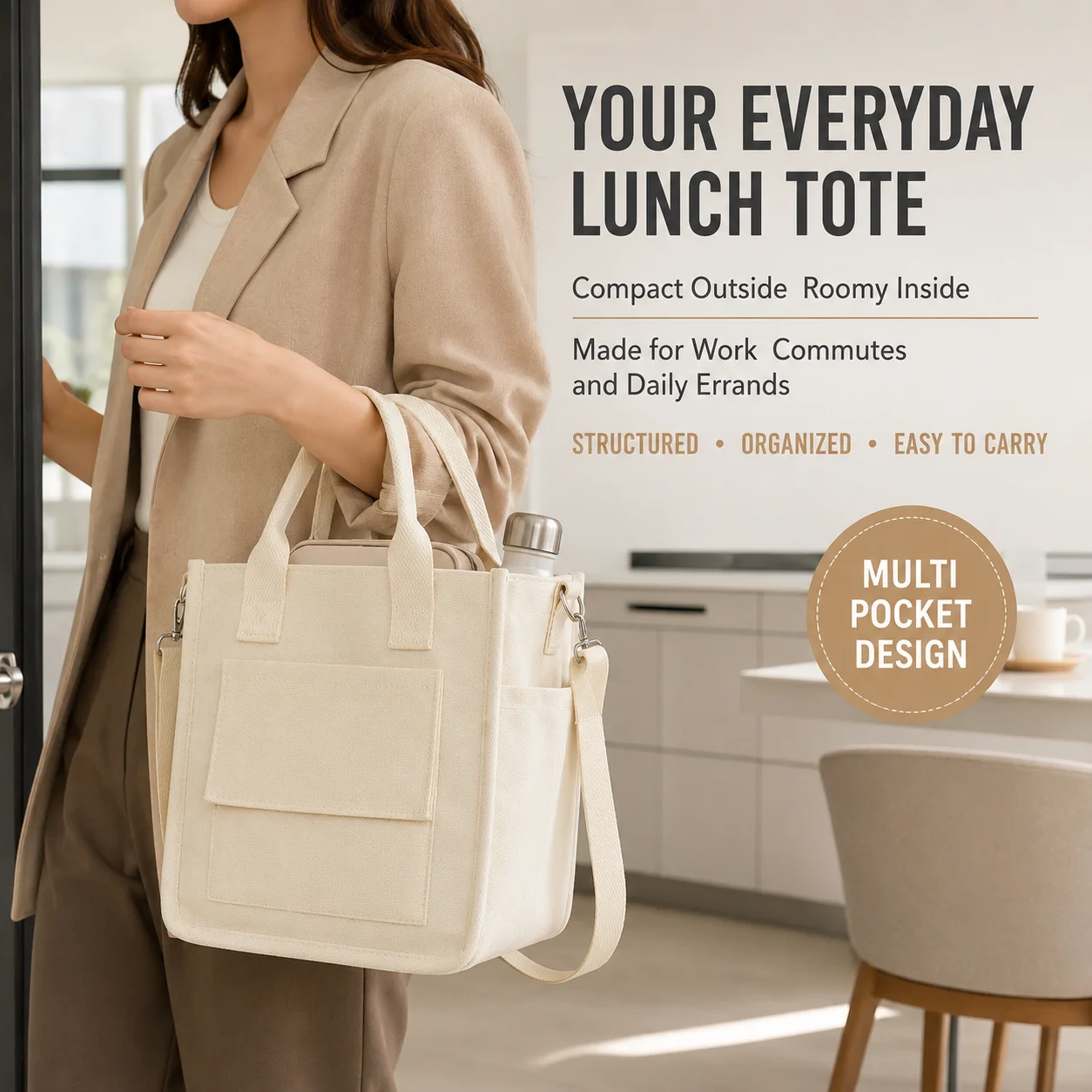 Canvas Tote Bag Women Multi Pocket Large Capacity Lunch Box Handbag Shoulder Crossbody Carry for Office School Travel Daily Life