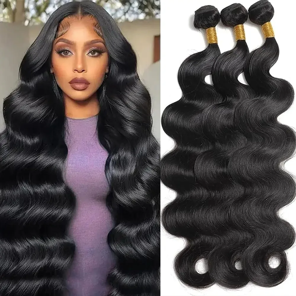 Human Hair Bundles Frontal Body Wave 3 Bundles Lace Frontal Natural Black 1B Brazilian Remy Hair Weave Extensions