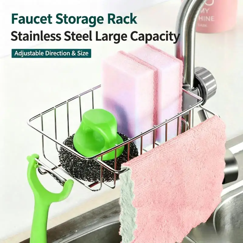 【K】Kitchen Stainless Steel Sink Drain Rack Sponge Holder Faucet Storage Soap Drainer Towel Rack Shelf Organizer Accessories