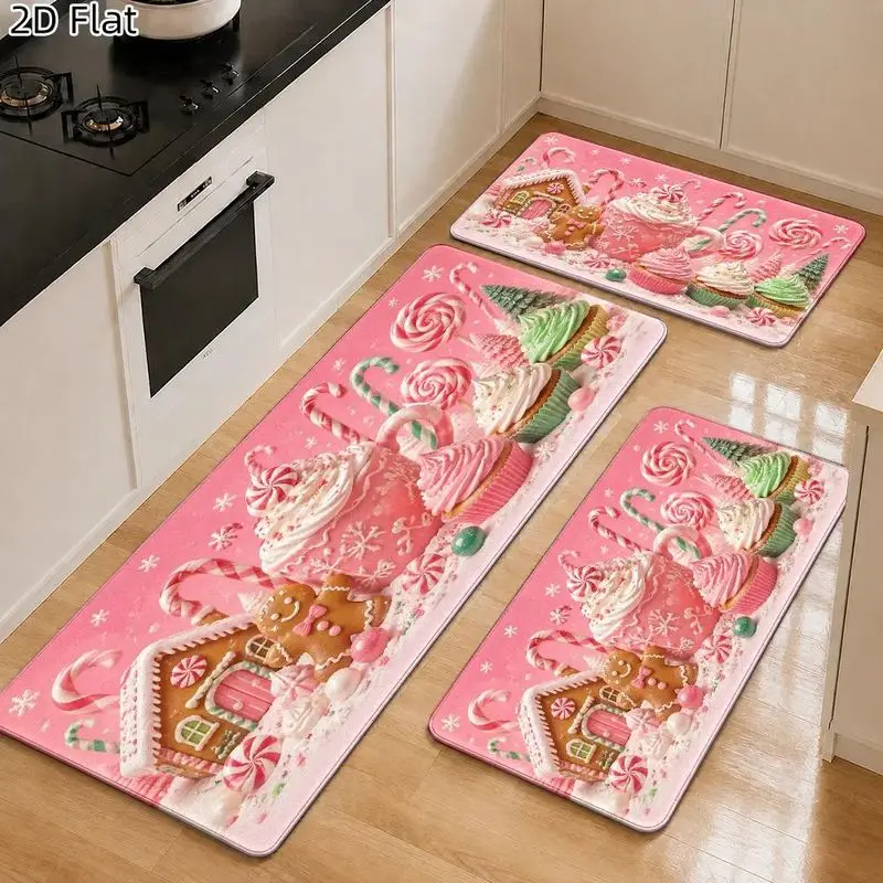 VIKAM Pink Christmas Kitchen Rug, Cake, Candy Cane, and Gingerbread Non-Slip Winter Holiday Decorative Mat, Home Decor