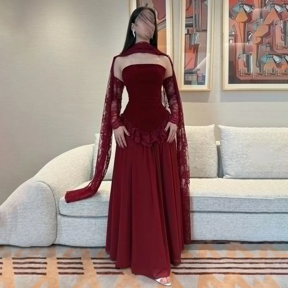 

Customized Exquisite Ruched Lace Applique Women Prom Dress Strapless Charming Mermaid Party Dress Ruffles Women Evening Gown