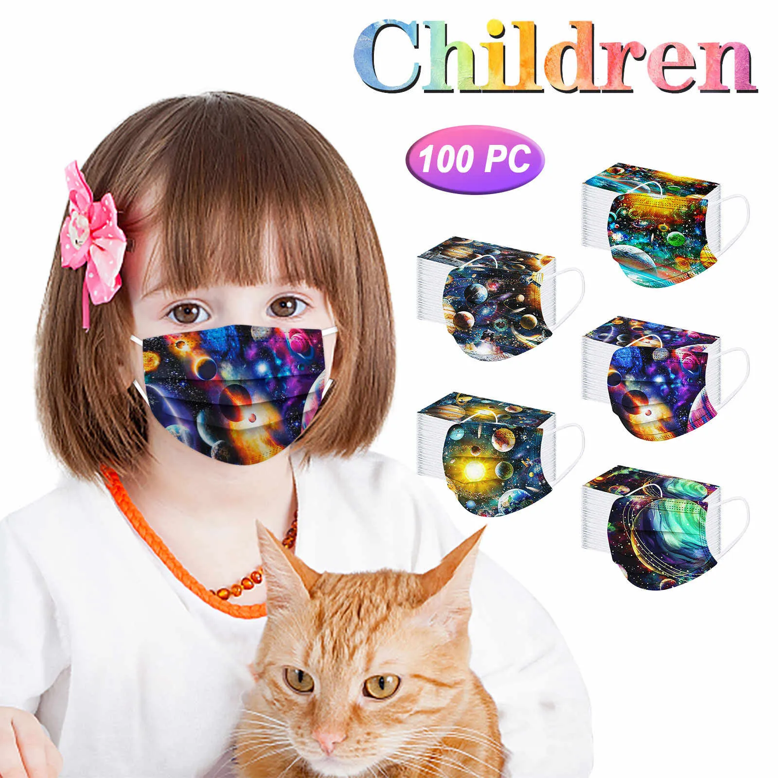 Colorful Galax Mask Children Outdoor Breathable 100pc Pack Space Print Face Cover Kids Protective Novelty Respiratory Supply T1
