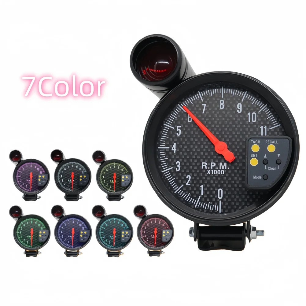 RPM Gauge Car Tachometer Colorful Backlight Carbon Fiber Face 12V Compatible Supports 1-8 Cylinders For Car Modification
