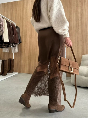 Imagen 2 del producto Trendix, faldas de encaje de retales para mujer, novedad de 2025, faldas largas ajustadas de cintura alta con agujeros, falda bohemia marrón de moda para fiesta y Club de otoño