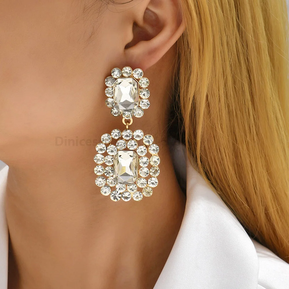 Teardrop Shiny Glass Vintage Luxury Quality Big Dangle Drop Earrings For Women Trendy Chandelier Charm Prom Party Jewelry Gift
