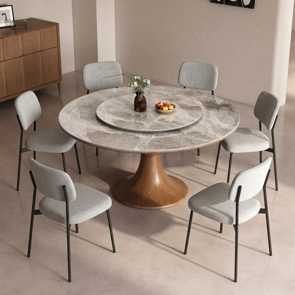 K*-Luxury Modern Round Sintered Stone Dining Table Set with Rotating Lazy Susan Solid Wood Base for Hotels Dining Room Furniture