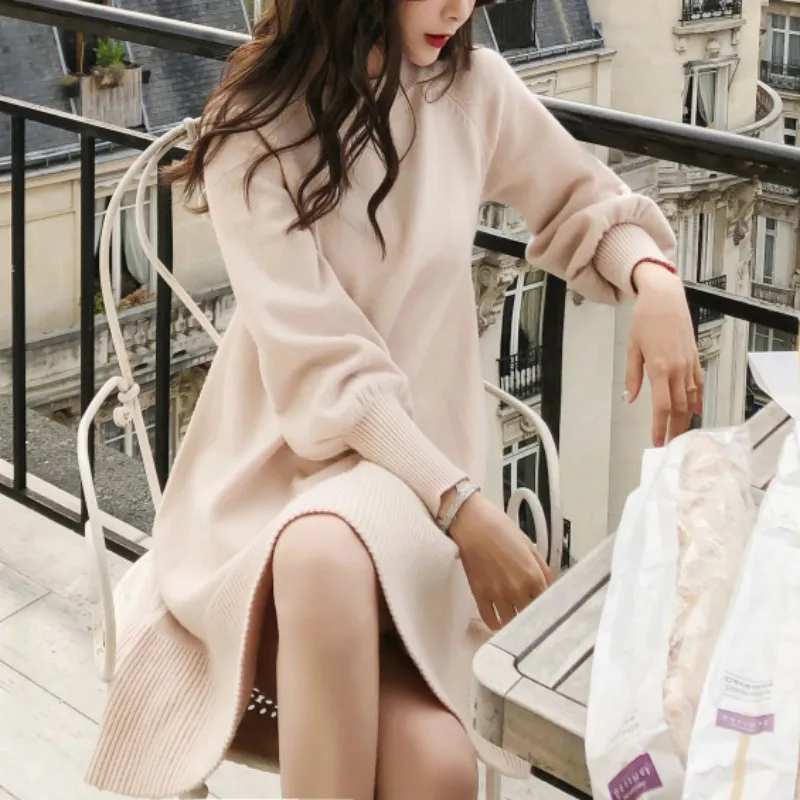 Spring Autumn New French Knitted Knee-Length Dress For Women Slimming Lantern Sleeve Sweater Winter Solid Color Underlay Dresses