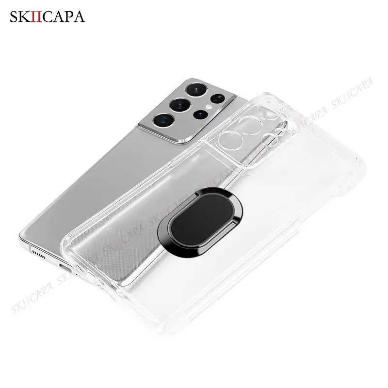 For Samsung S21 Ultra Stylus Socket SPen Slot Transparent Case For Galaxy G9980 G998D G998U Magnetic Ring Stand Soft Clear Cover