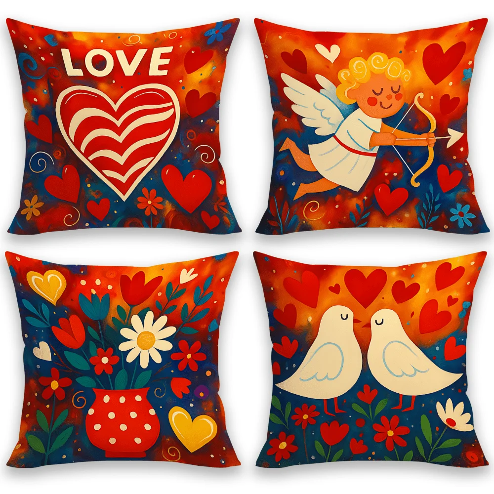 Valentine's Day Pillow Covers, Love Heart Cupid Dove Art Decorative Throw Pillow Cases, Romantic Red Home Decor Cushion Covers
