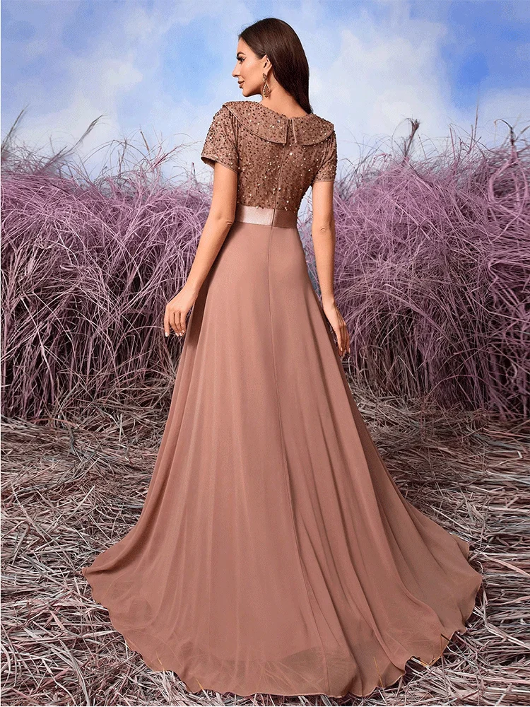 V-Ausschnitt, kurzärmelig, Lotusrosa, luxuriöses, elegantes, bodenlanges Brautjungfern-Abendkleid aus Chiffon, luxuriöses Party-Damen-Abschlussballkleid