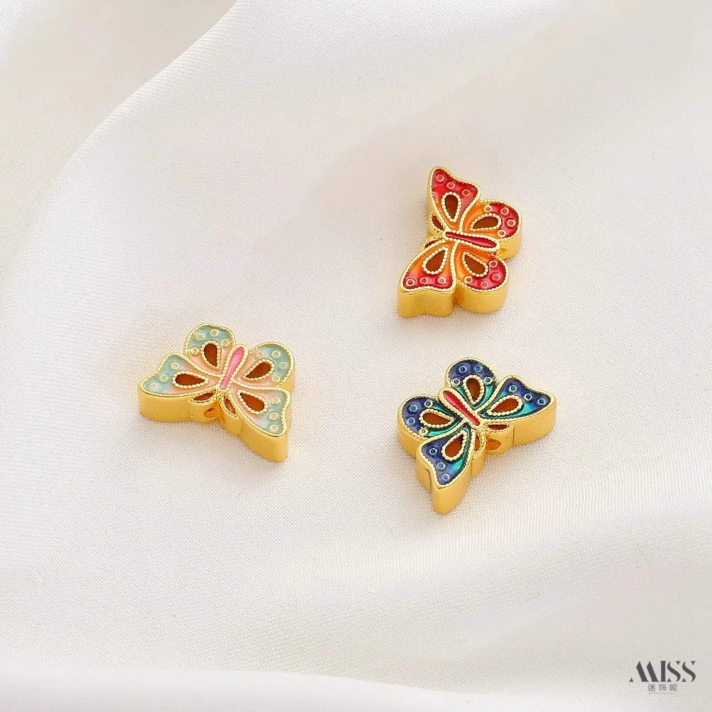 18K Gold Plated Cloisonne Enamel Butterfly Spacer Beads, Six Words Mantra Ring, Double Layer Lotus Beads DIY Bracelet Accessorie view 2