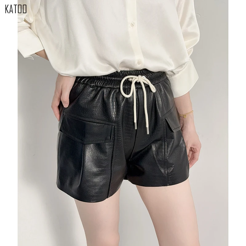 

Black Sheepskin Leather Shorts Women Korean Fashion Elastic Waist Drawstring Pocket Slim Versatile Short Pants Cargo Shorts