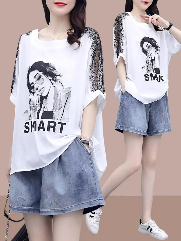plus Size Summer Casual Fashion Set Short Pants Conceal Meat Two Pieces Set Slimming Effect Comfortable Cotton 100%