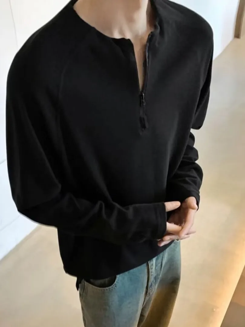 Henry Collar Half Zipper Long Sleeve Thermal Shirt Men's Autumn Winter Inner Wear Korean Style Lazy Shoulder Insert Sweatshirt