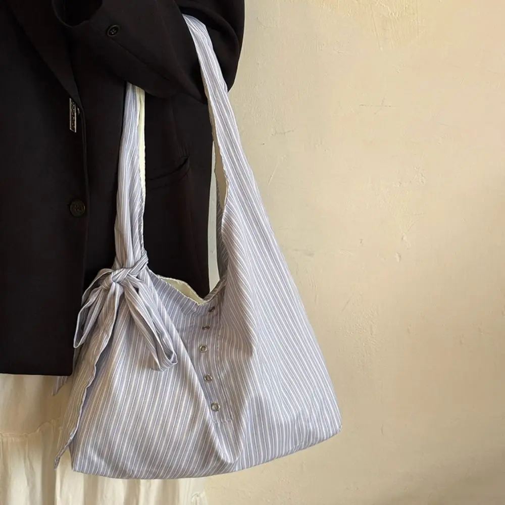 

Bow Striped Canvas Tote Bag Literary Style Korean Style Canvas Hobo Bag Fresh Color Casual Large Capacity Underarm Bag Outdoor