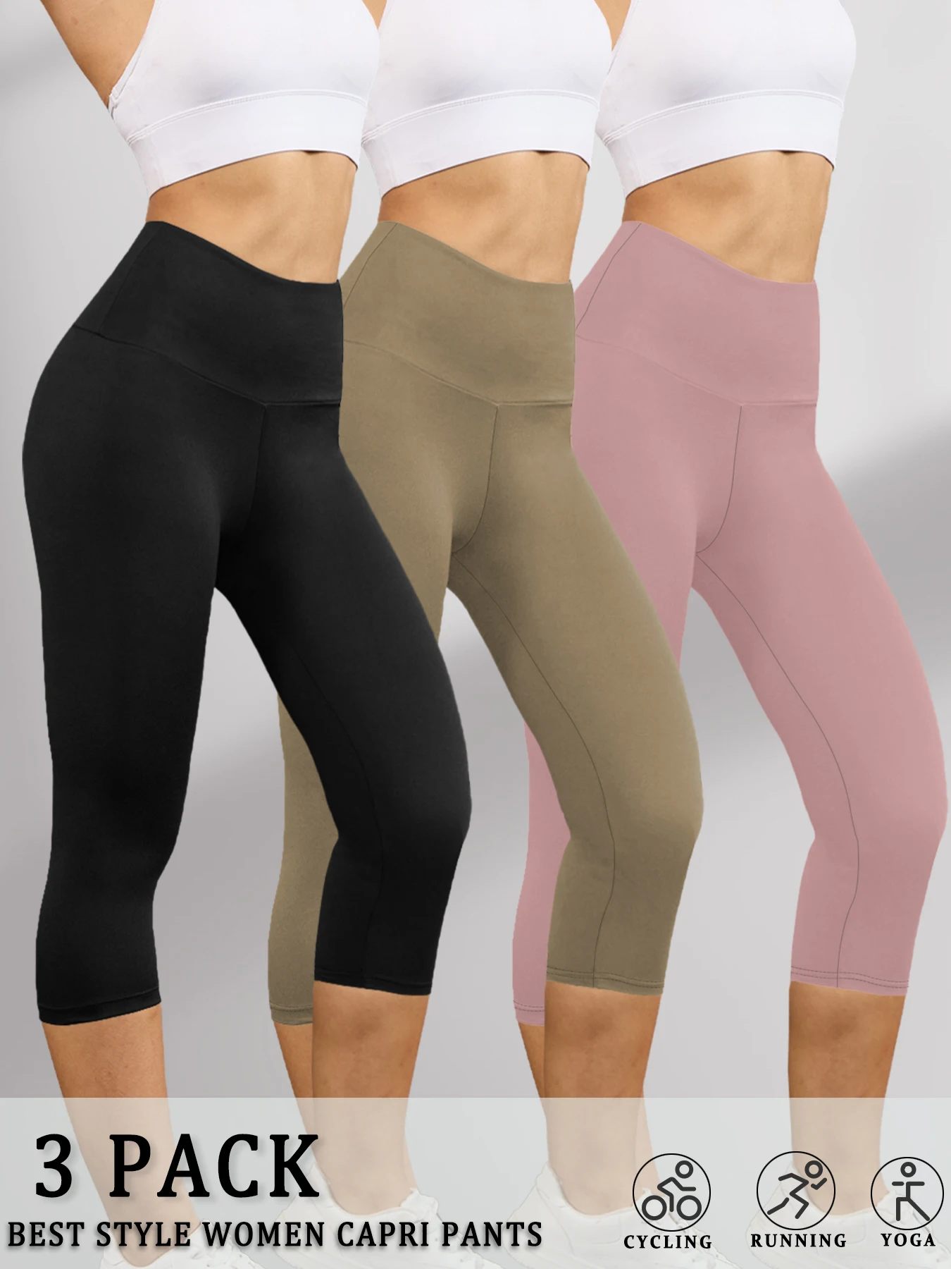 

3 Pack Women's High Waisted Capri Super Soft Tummy Control No See Through Workout Yoga Running Athletic Push Up Gym Leggings