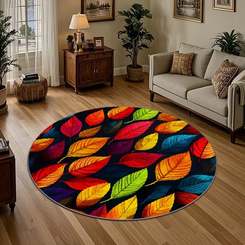 Round Colorful Autumn Leaf Area Rug Vibrant Fall Foliage Pattern Decor Carpet For Living Room Bedroom Retro Home Decor