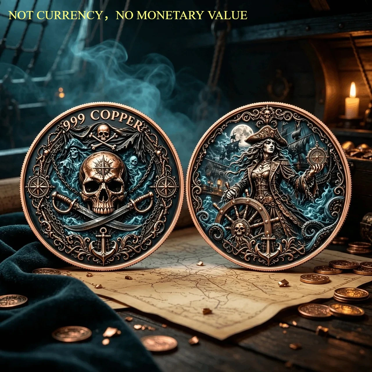 Image of Piratenkönigin 3D-geprägte Kupfermedaille, gotisches Totenkopf-Anker-Geisterschiff-Sammlerabzeichen, 1oz .999 reines Kupfermetallhandwerk