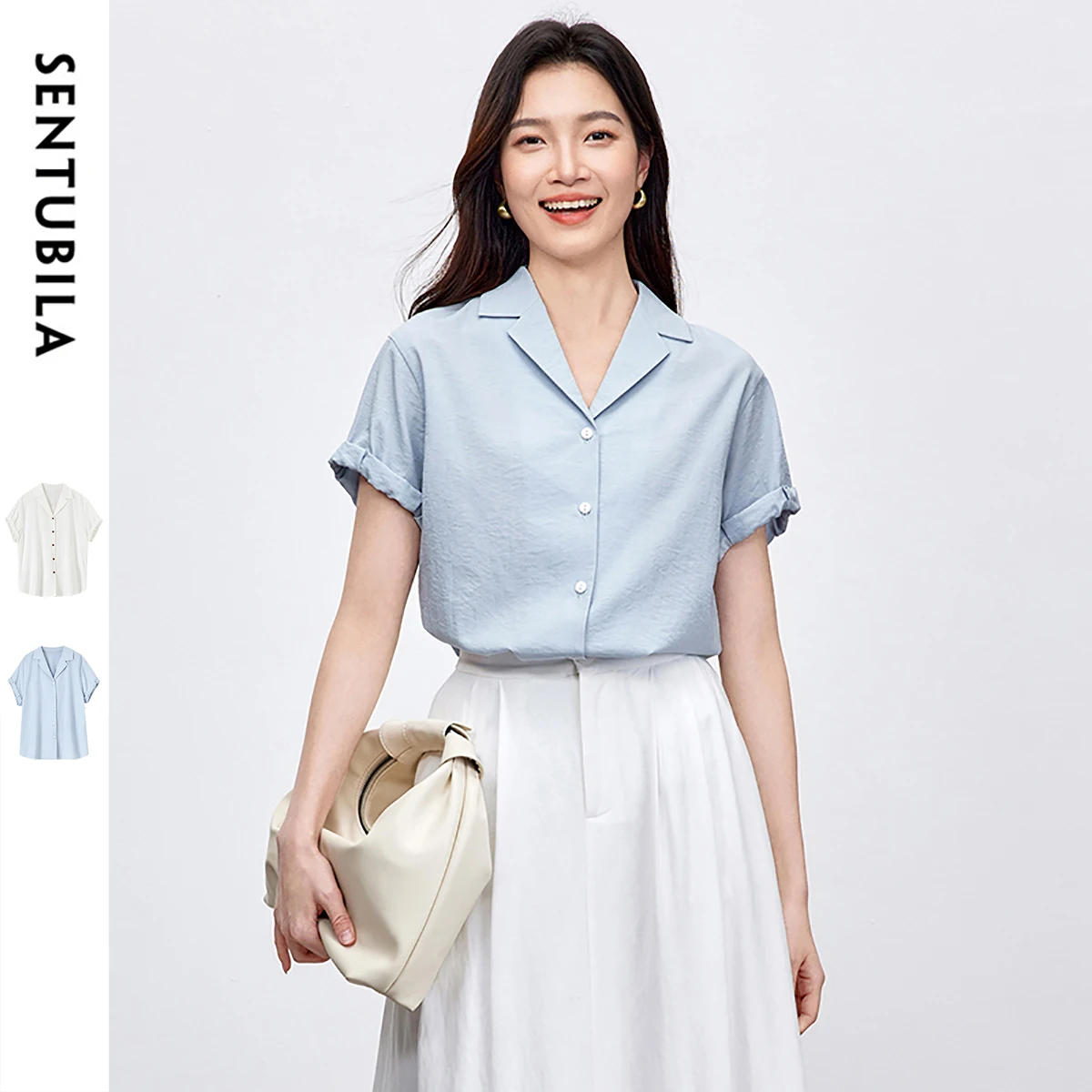 

SENTUBILA Cotton Women Blue Shirt 2025 Summer American Elegance Drop Short Sleeve Single Breasted Vacation Blouses 152C59292