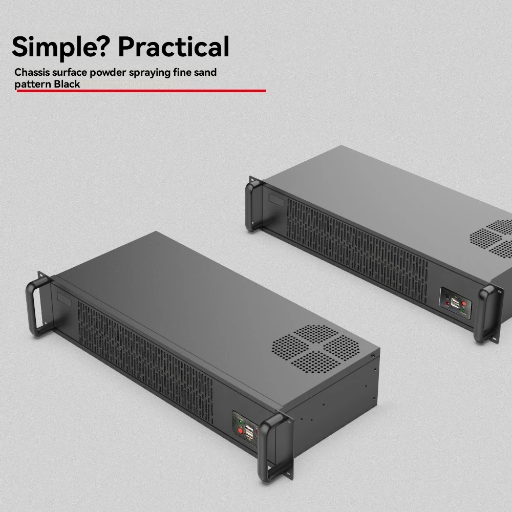 2U rackmount mini industrial control server, supports direct hard drive installation, and features a quiet cooling fan.